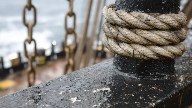 31Rope and pulley system on a cargo ship deck, worn textures and grease stains visible