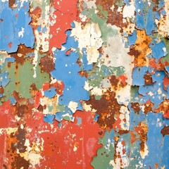 A weathered, rusted wall showcases layers of peeling paint, revealing hints of red, white, and blue beneath, evoking a sense of vintage charm and history.