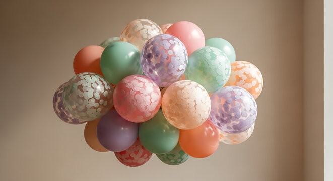 Cluster of pastel and marbled balloons floating against a neutral background