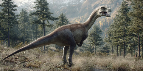 Atlascopcosaurus roams a prehistoric landscape with forests and mountains in a time long past