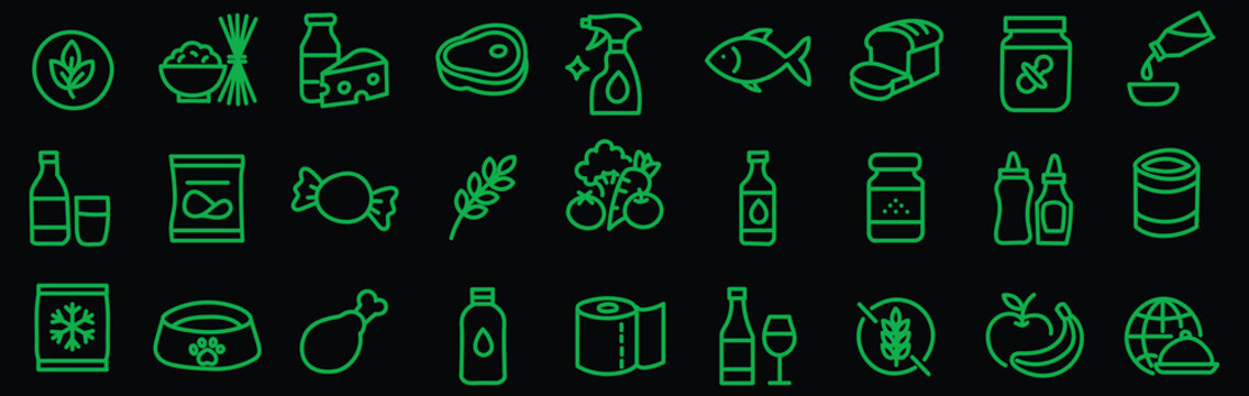 Grocery food and product categories line icon set with items like fruits, meat, pasta and beverages. Vector illustration pictograms of snacks, candy, sauces, cereal, grains, wine, editable stroke.