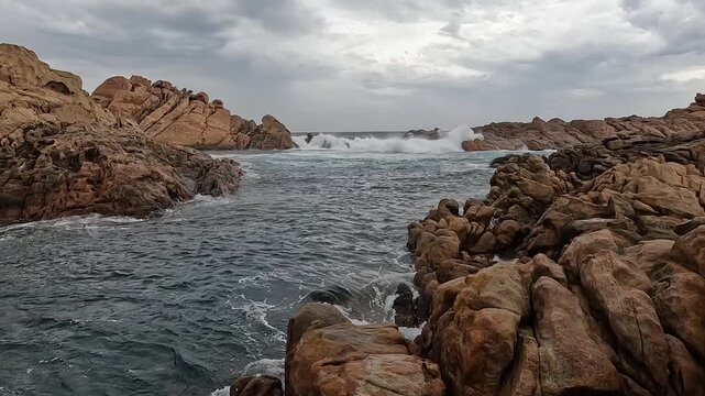 Canal Rocks, Dramatic Overcast Seascape with Sculpted Granite Formations and Crashing Indian Ocean Waves in Western Australia