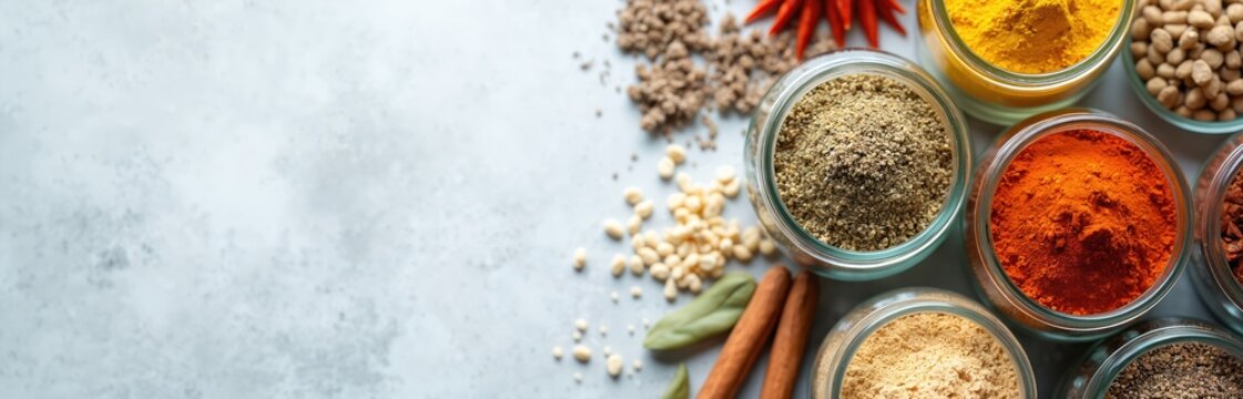 Glass jars hold colorful spice powders and whole seeds on a gray surface. Ingredients for cooking add aroma and flavor to dishes. Various herbs and condiments displayed for culinary arts. - Powered by Adobe