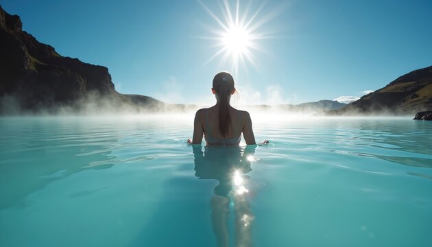 Woman bathes in bright blue geothermal waters under sunny sky. Steam rises from warm lagoon amid rocky volcanic landscape. Pure relaxation in Iceland.