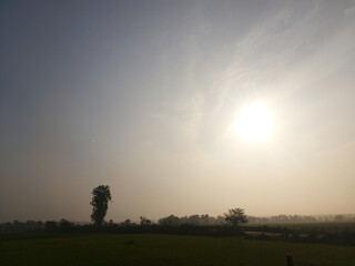 Misty Morning Sun over Rural Fields