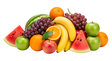 Assortment of fresh fruits including watermelon grapes bananas apples and oranges isolated on white background