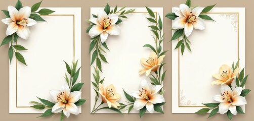 Three elegant frames adorned with beautiful lilies. White, light yellow blooms, green leaves accent the beige background. Floral art ideal for wedding invites or greeting cards. A soft festive mood.