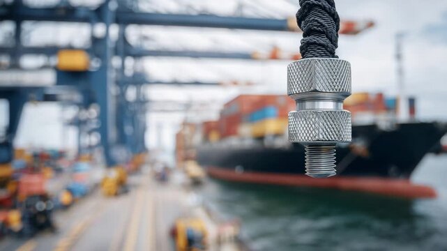 42Extreme close-up of hose joint and metallic fitting with textured surface, busy maritime logistics unfolding in soft focus behind
