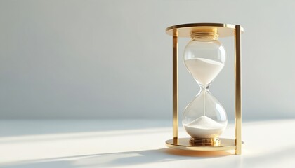 Hourglass in gold frame stands on surface. Time flows slowly like sand. Timer counts minutes and seconds. Concept for transience of life clock measurement. Limited period concept of moment.