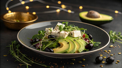 Fresh Avocado, Feta, and Olive Salad with Microgreens on a Dark Plate
