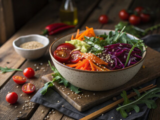 Vibrant Mixed Salad Bowl with Fresh Vegetables on a Rustic Wooden Table