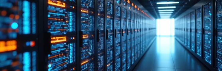 Rows of servers blink with blue and orange lights in a data center hallway. Computer racks display code and data streams. Digital information flows through network infrastructure.