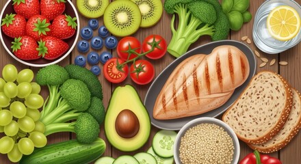 Healthy Food Assortment with Grilled Chicken and Fresh Fruits and Vegetables.