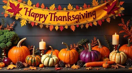 Autumn Harvest display featuring pumpkins of various sizes, ornamental vegetables, dried leaves, and handcrafted decorations on a dark wooden background