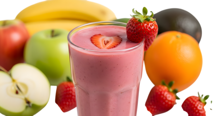 Fresh strawberry smoothie in a glass surrounded by fruits isolated on white background