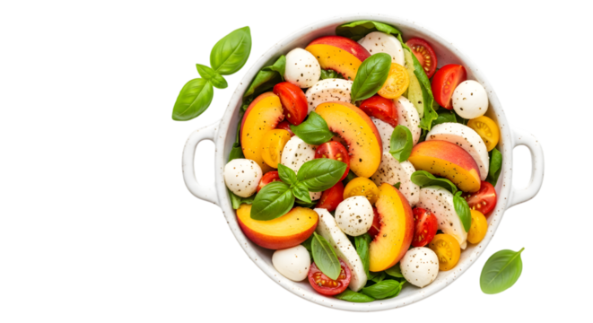 Fresh peach and mozzarella salad with basil isolated on white background