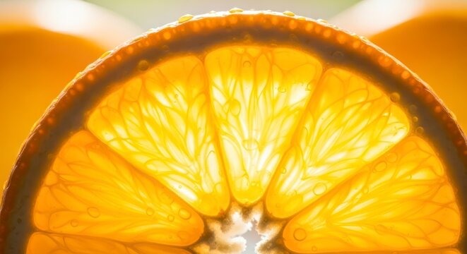 Macro photograph of a backlit orange slice glowing with light.