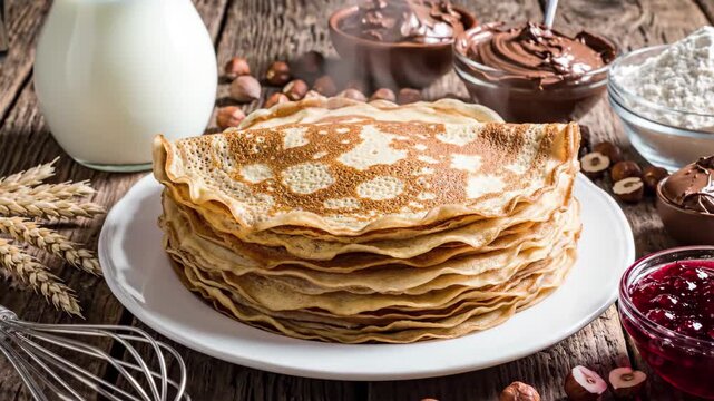 Delicious stack of golden pancakes with milk, chocolate spread, jam, and flour on a rustic wooden table