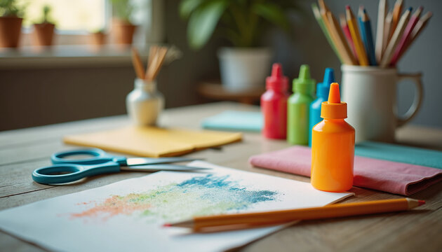 Colorful art supplies on a wooden table with a partially finished chalk pastel drawing in a creative space