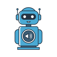 Cute blue robot with speaker symbol stands alert, ready to assist with information and communication, embodying friendly technology.