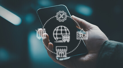 Mobile e-commerce icons showing global shopping, sale, and online retail processes.