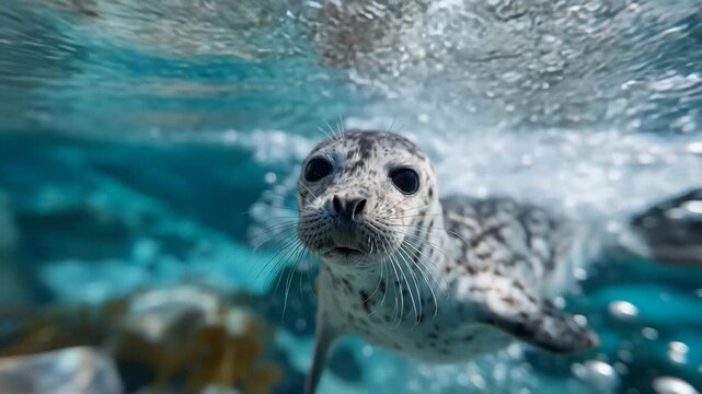 51Macro underwater perspective of a young seal pup looking directly at the camera, turquoise water shimmering with light patterns and bubbles