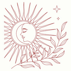 Sun and moon with stars and leaves