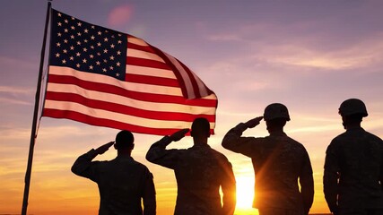 Silhouettes of soldiers saluting the american flag against a vibrant sunset sky, symbolizing patriotism and honor