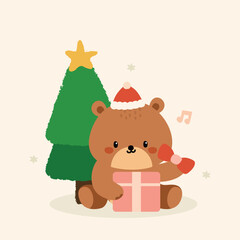 Cute Christmas Bear with Gift Box and Festive Tree