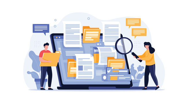 Document search and file management concept with people using a magnifying glass to find information among digital files and folders.