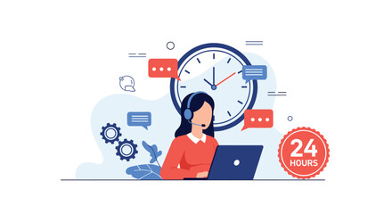 24-hour customer support concept featuring a female call center operator with a headset working on a laptop in front of a clock.