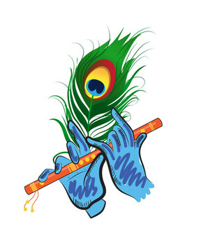 Vibrant illustration of Lord Krishna's blue hands playing a bansuri flute with a peacock feather.