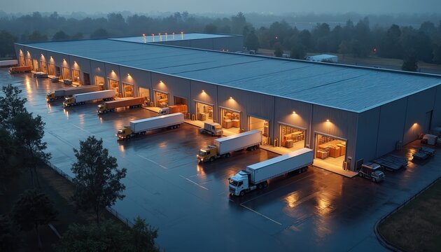 Warehouse loading docks with trucks being filled at night. Cargo transfer and logistics operations at the distribution center. Goods are managed and dispatched from the storage facility.