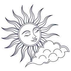 Smiling sun with closed eyes next to a cloud