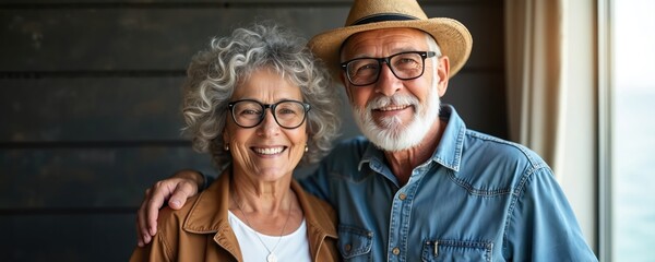 Smiling senior couple enjoys sunny cruise adventure, symbolizing happy retirement, fulfilled life. They represent joy, companionship, freedom after years of work, embracing new experiences together.