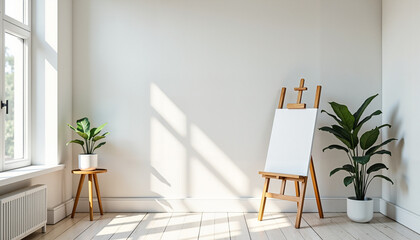 Bright and airy artist studio with a blank canvas on an easel and potted plants