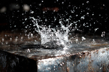 dynamic water splash frozen in time with droplets showering a rough textured surface