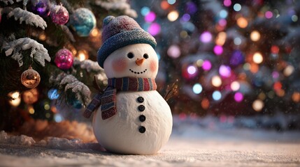 Obraz premium Snowman with Christmas Tree and Bokeh Lights image 1