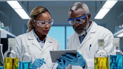 Two diverse scientists in lab coats and safety glasses discussing data on a tablet in a modern laboratory - Powered by Adobe