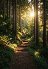 Fototapeta premium A winding path climbs through a dense, sun-drenched mountain pine forest, offering a tranquil nature escape experience ,serenity ,nature ,mountain