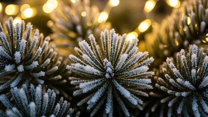Fototapeta premium Frosted Pine Branches with Warm Holiday Lights Creating a Cozy Winter Ambiance