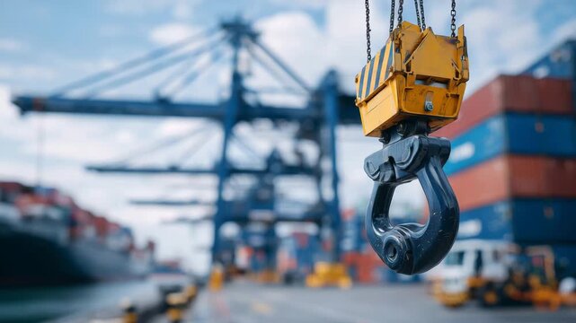61Side-angle close-up of crane hook suspended above stacked shipping containers, industrial machinery and dock activity in soft focus under bright sky