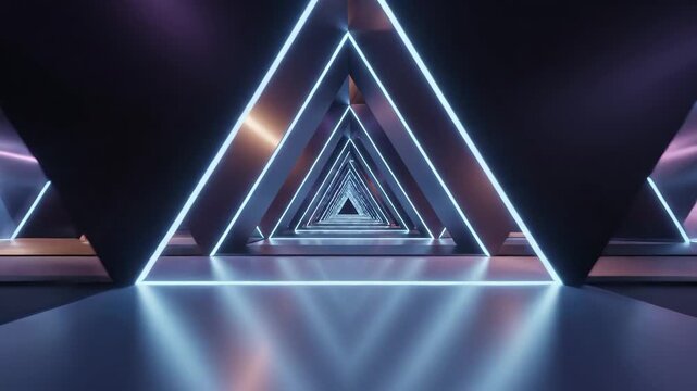 Abstract futuristic tunnel with glowing blue neon triangular frames creating an infinite perspective