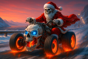 Santa riding a flaming skull quad bike on a winter road at sunset for extreme holiday advertising visuals