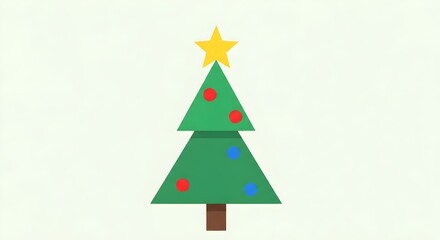 Geometric Christmas tree with simple decorations offers modern, festive design. Ideal for holiday branding, cards, digital greetings.