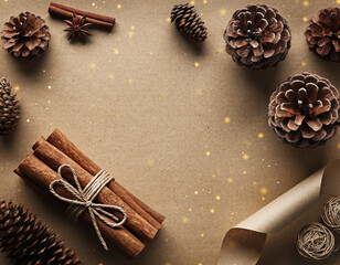 Cinnamon Sticks & Pinecones on Brown Kraft Paper