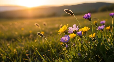 Colorful wildflowers blooming in sunlight on a green meadow  