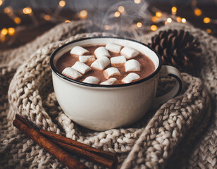 Hot Cocoa Mug with Marshmallows on Wool Blanket