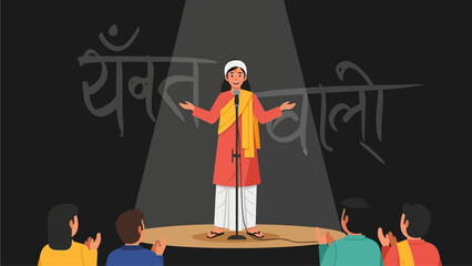 A compelling flat design illustration of an Indian poet passionately performing on stage at a literature festival. This minimalist 2D vector graphic captures the artistic expression and power of spoke