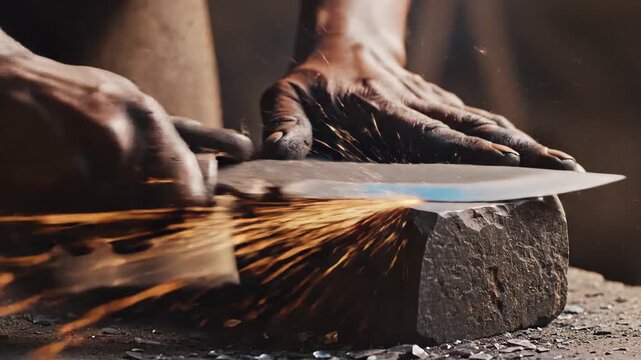 Closeup of hands sharpening a metal knife on a grinding stone with sparks flying